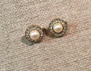 Vintage Christian Dior Faux Pearl And Crystal Goldtone Clip On Earrings Euc
