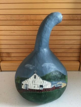 Vintage Hand Painted Stemmed Gourd Country Blue Farm Scene Approx.  10 " Tall