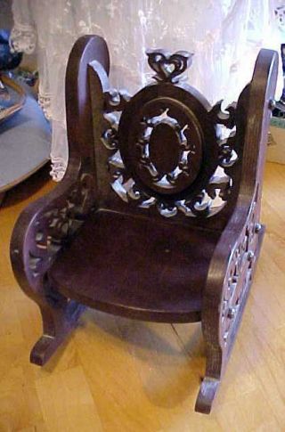 Hand Made Fancy Elaborate Wooden Doll Rocking Chair