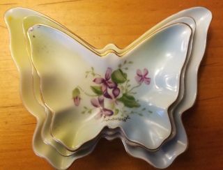 Vintage Hand Painted Porcelain Butterfly Dishes Signed J.  Laurent,  Set Of 3