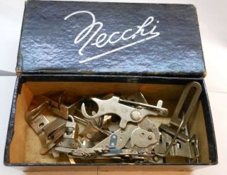 Vintage Greist Sewing Machine Attachments In Cardboard Case Marked Necchi