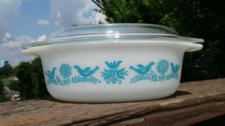 Vintage Pyrex 043 BLUE BIRDS Turquoise & Cover Casserole Dish Bowl 1 - 1/2 Qt 2