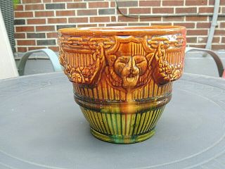 Vintage Art Pottery Blended Glaze Jardiniere Planters Pot W/ Raised Lions Heads