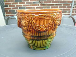 Vintage Art Pottery Blended Glaze JARDINIERE Planters Pot w/ Raised Lions Heads 2