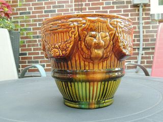 Vintage Art Pottery Blended Glaze JARDINIERE Planters Pot w/ Raised Lions Heads 3