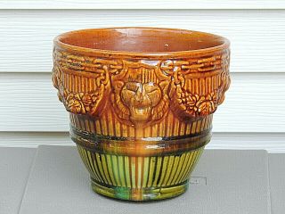 Vintage Art Pottery Blended Glaze JARDINIERE Planters Pot w/ Raised Lions Heads 8
