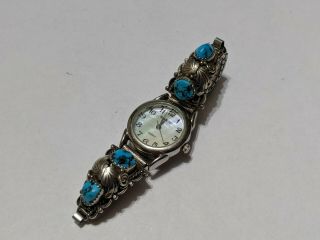 Vtg Navajo Native American Sterling Silver Turquoise Ladies Watch,  Signed Sy