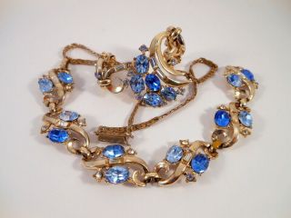 Vintage Blue & Clear Baguette Rhinestone Gold Tone Festoon Necklace/bracelet Set