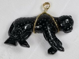 Large Lovely Vintage Lucite Black Panther Cat Pendant With 14k Gold Bail