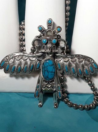Vintage 1970s Mexican Silver Blue Turquoise Kachina Bird Pendant Necklace
