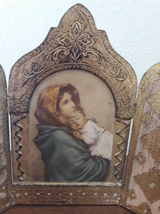 Vintage Shrine Gilt Madonna Child Virgin Mary Jesus Triptych