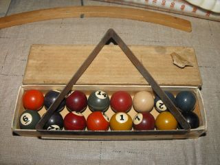 Vintage 7/8 " Mini Billiards Pool Balls W/metal Rack And Box Complete Set Of Ball