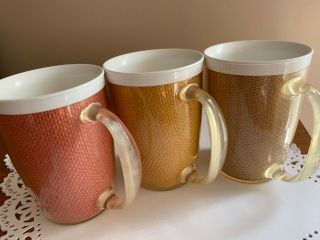 Set Of 3 Vintage Raffiaware Melmac Plastic Burlap Weave Coffee Cups Mugs 4 1/2 "
