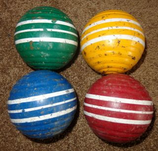 Old Vintage Wood Croquet Balls Chippy Paint Blue Red Yellow Green Grooves Stripe