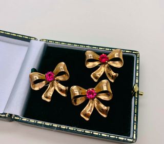 Vintage Jewellery Signed Van Dell 1/20th 12kt Gf Pink Crystal Bow Brooches/pins
