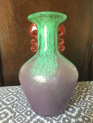 Vtg Murano Style Blown Glass Handled Vase Green Purple Brown Heavy Weight