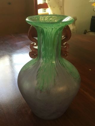 VTG Murano Style Blown Glass Handled Vase Green Purple Brown Heavy Weight 2