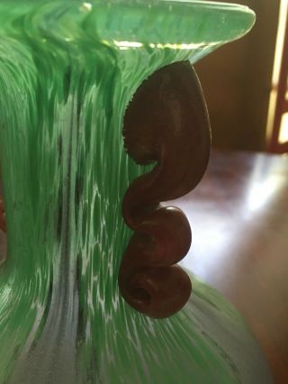 VTG Murano Style Blown Glass Handled Vase Green Purple Brown Heavy Weight 3