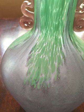 VTG Murano Style Blown Glass Handled Vase Green Purple Brown Heavy Weight 6