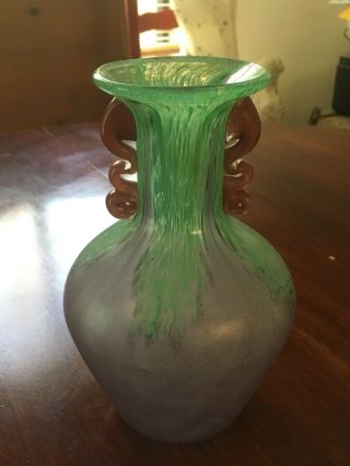 VTG Murano Style Blown Glass Handled Vase Green Purple Brown Heavy Weight 7
