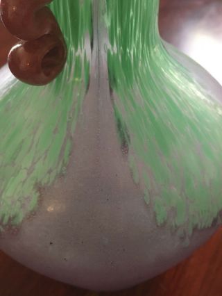 VTG Murano Style Blown Glass Handled Vase Green Purple Brown Heavy Weight 8