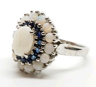 Vintage Signed 925 Sterling Silver Opal & Sapphire Gemstone Ring