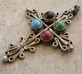 Fine Vintage Sterling Silver Large Taxco Mexico Stone Set Cross Pendant Charm