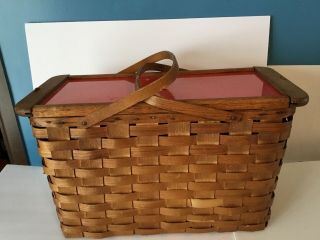 Vintage 1930s Antique Woven Wooden Picnic Basket With Red Sliding Top