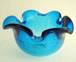 Vintage Mid Century Murano Art Glass Ashtray Blue With Controlled Bubbles