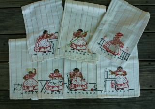 Vintage Black Americana Kitchen Tea Towel Days Of The Week Embroidered Red Linen