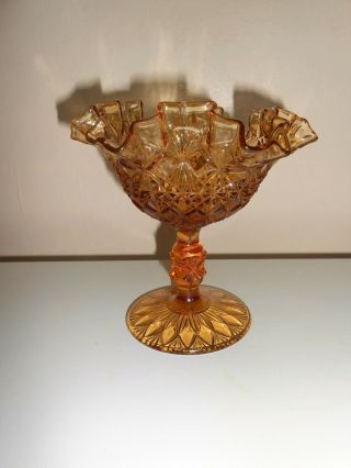 Vintage Fenton Fine Cut Block Amber Compote Footed Candy Dish - Ruffled Edge