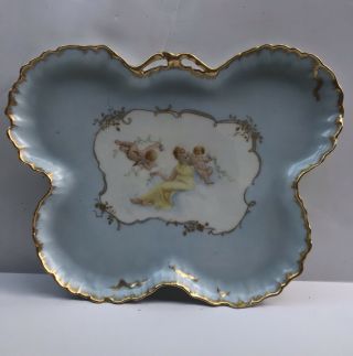 Vintage Jpl Limoges Frances Hand Painted Gold Rimmed Tray Blue White Cherubs