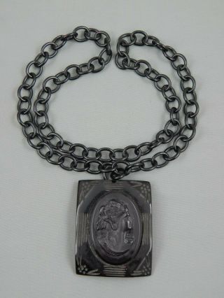 Vintage Carved Black Bakelite Cameo & Celluloid Chain Pendant Necklace