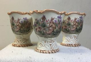 3 Vintage Ceramic Egg Holders With Rabbits & Butterflys Estate Find