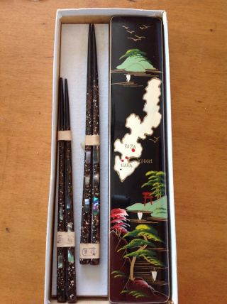 Vintage Set Of Wooden Chopsticks With Black Lacquered Box