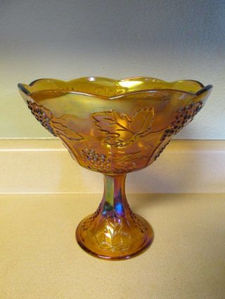 Vintage Marigold Carnival Glass Pedestal Fruit Bowl Grape Leaf Pattern