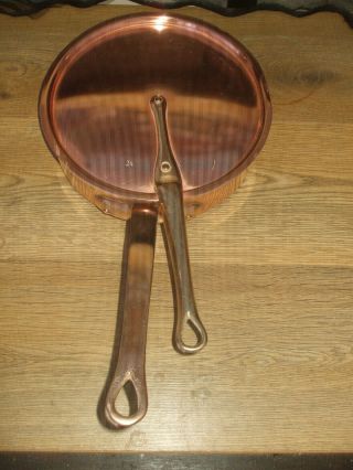 Vintage French Cuisine Copper Deep Fat Frying Pan,  Lid Tin Lined Brass Handles