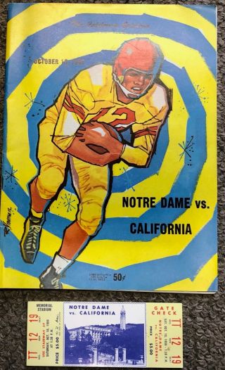 Vintage Oct 14 1959 Notre Dame Vs California Football Program & Full Ticket Stub