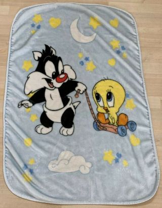Vtg Baby Looney Tunes Sylvester Tweety Bird Blue Blanket Throw 1999 Plush Lovey