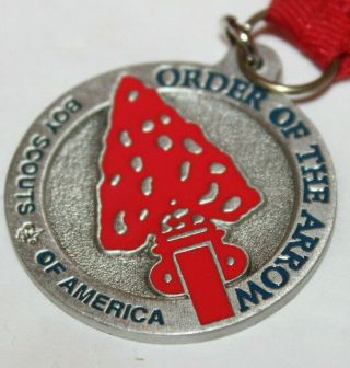 Vintage Boy Scouts Of America Pewter Oa Medallon On Red Ribbon