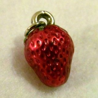 Vintage Puffy Fruit Enamel Silver Strawberry Fob Charm