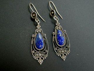 Vintage Sterling Silver 925 Blue Lapis Lazuli Gemstone Filigree Pierced Earrings