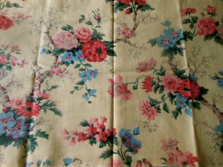 Antique Vintage French Tree Of Life Floral Cotton Fabric 2 Pink Blue On Yellow