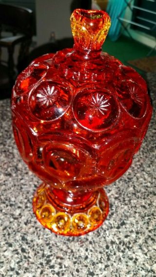Vintage Carnival Glass Covered Candy Dish On Pedestal Marigold Red