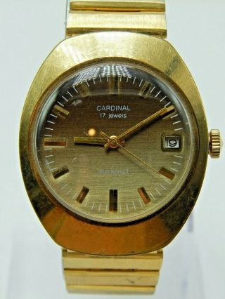 Vintage Gold Plated Cardinal 17 Jewel Shockprotected Date Watch 1970s Old