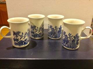 Set Of Four Churchill England Blue Willow Coffee Cups Mugs Vintage
