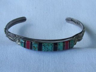 Vintage Sterling Silver 925 Native Navajo Multi - Stone Cuff Bracelet Wt 12.  8g Rb