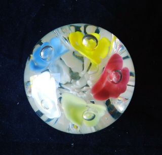 Vintage Joe St.  Clair Flower Bubble Glass Paperweight - Paper Label,  Minty 2