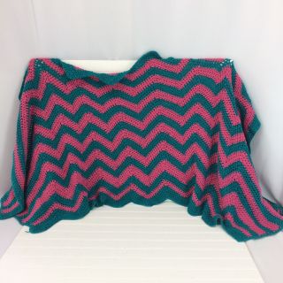Afghan Crochet Blanket Throw Chevron Stripes Vintage Pink Teal Handmade Knit