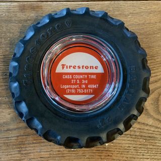 Vintage Radial 23 Firestone Advertising Glass Ashtray Cass County Tire Indiana